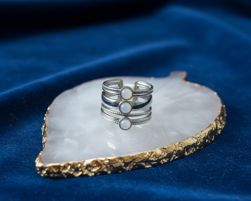 Moonstone Triple Band Ring — Silver Adjustable Vintage Stack