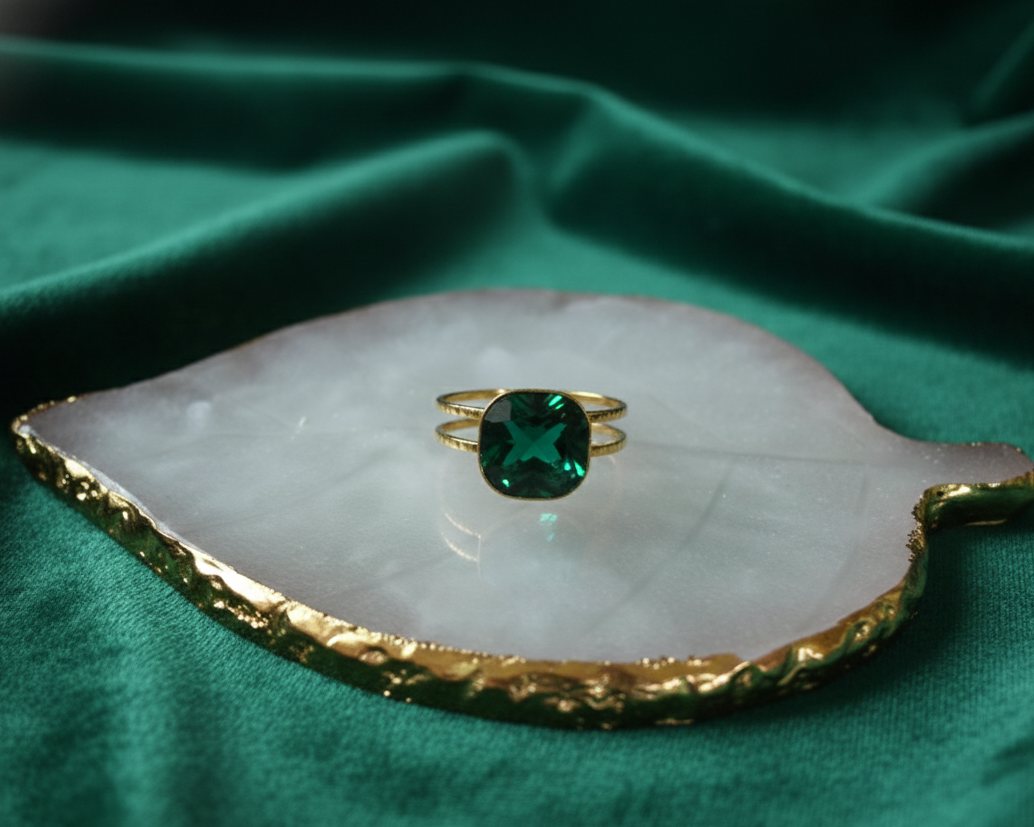 Emerald Cushion Ring — Gold Double-Band Statement Ring