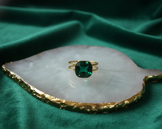 Emerald Cushion Ring — Gold Double-Band Statement Ring