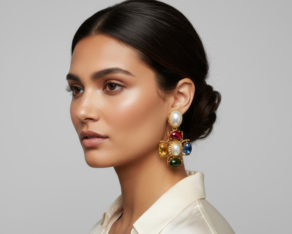 Baroque Royal Gem Earrings — Gold Multicolor Statement Drops