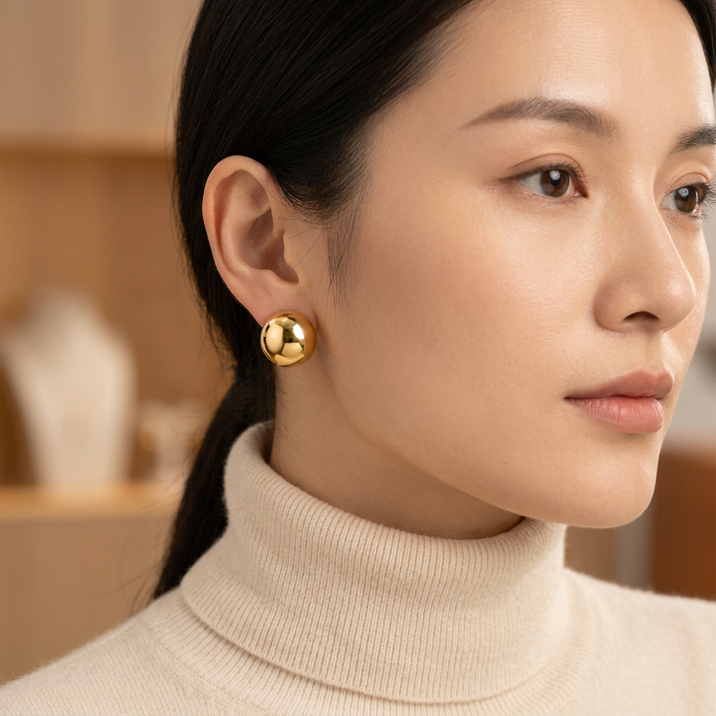 Balloon-shaped gold stud earrings on a model
