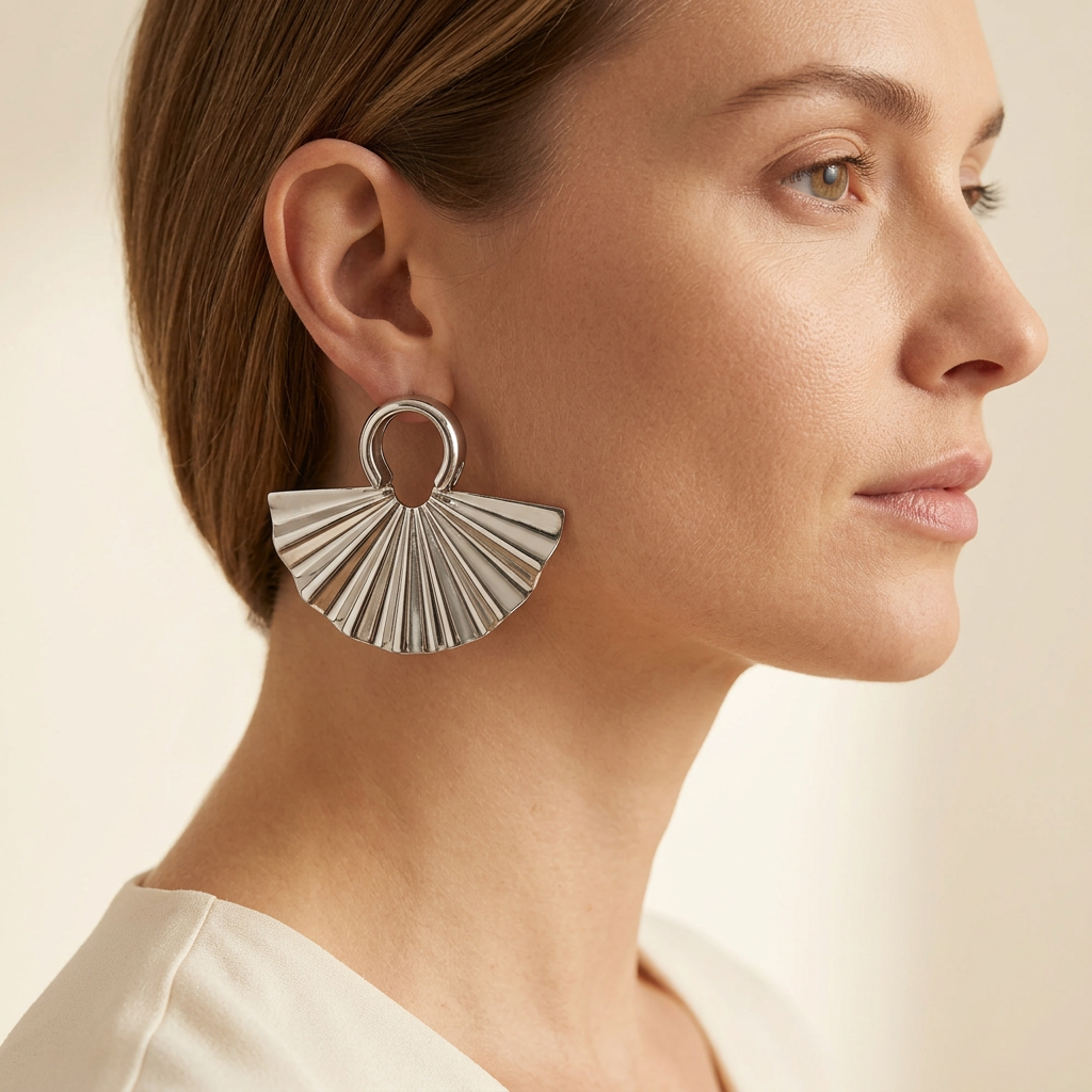 AI-generated model wearing a silver-tone fan-shaped statement earring