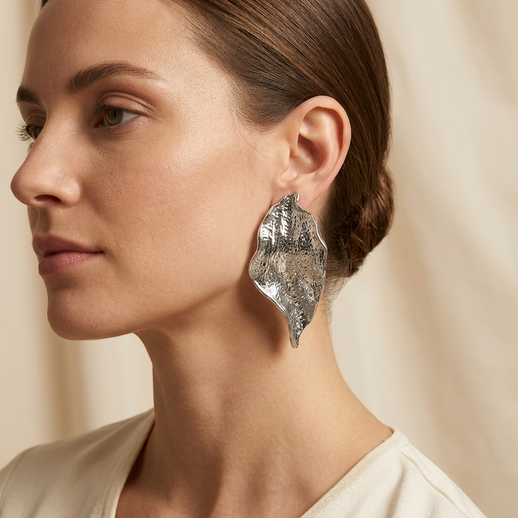 Model wearing a silver-tone sculptural petal statement earring
