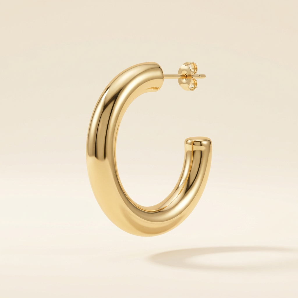 Gold-tone chunky stainless steel hoop earring with visible post on ivory background