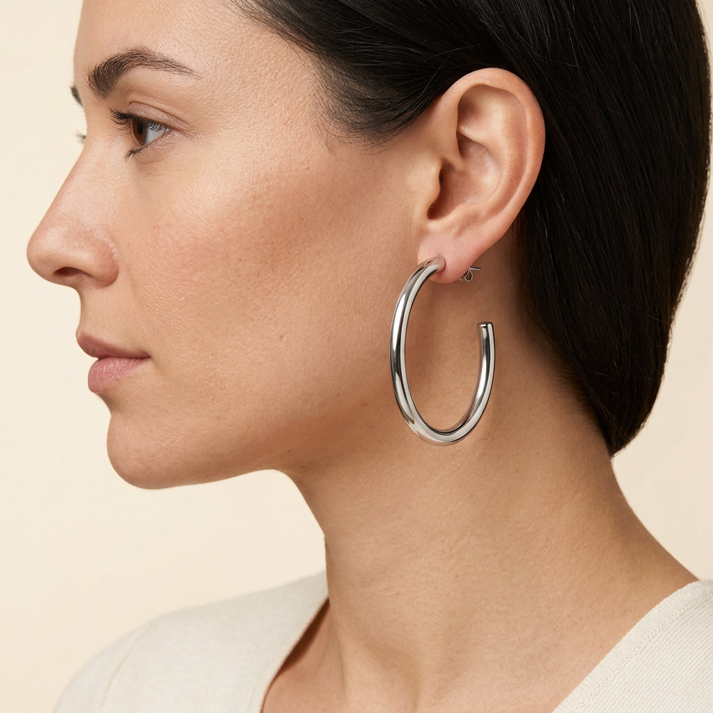 Model wearing a silver-tone polished stainless steel hoop earring