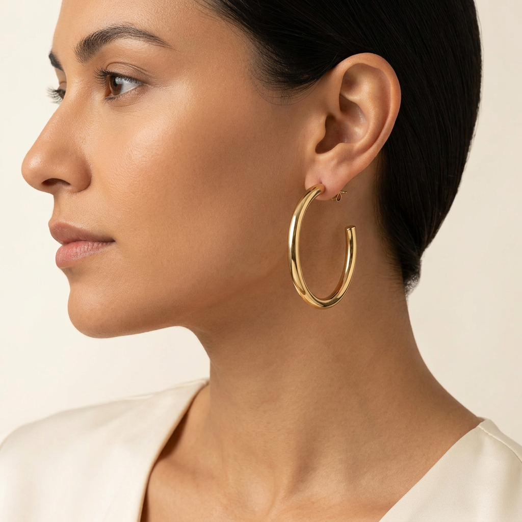 Model wearing a gold-tone polished stainless steel hoop earring