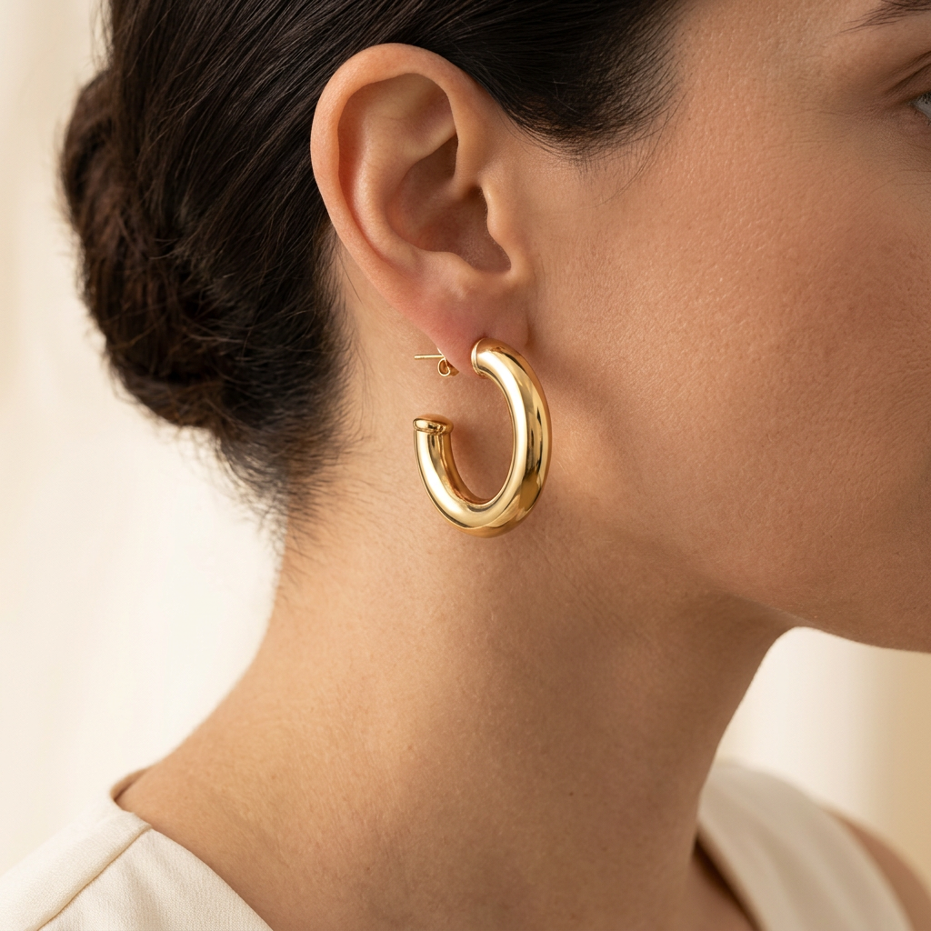 Model wearing a gold-tone chunky stainless steel hoop earring