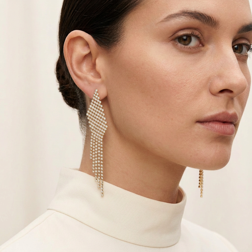 Model wearing gold-tone Celeste Cascade cascading statement earrings