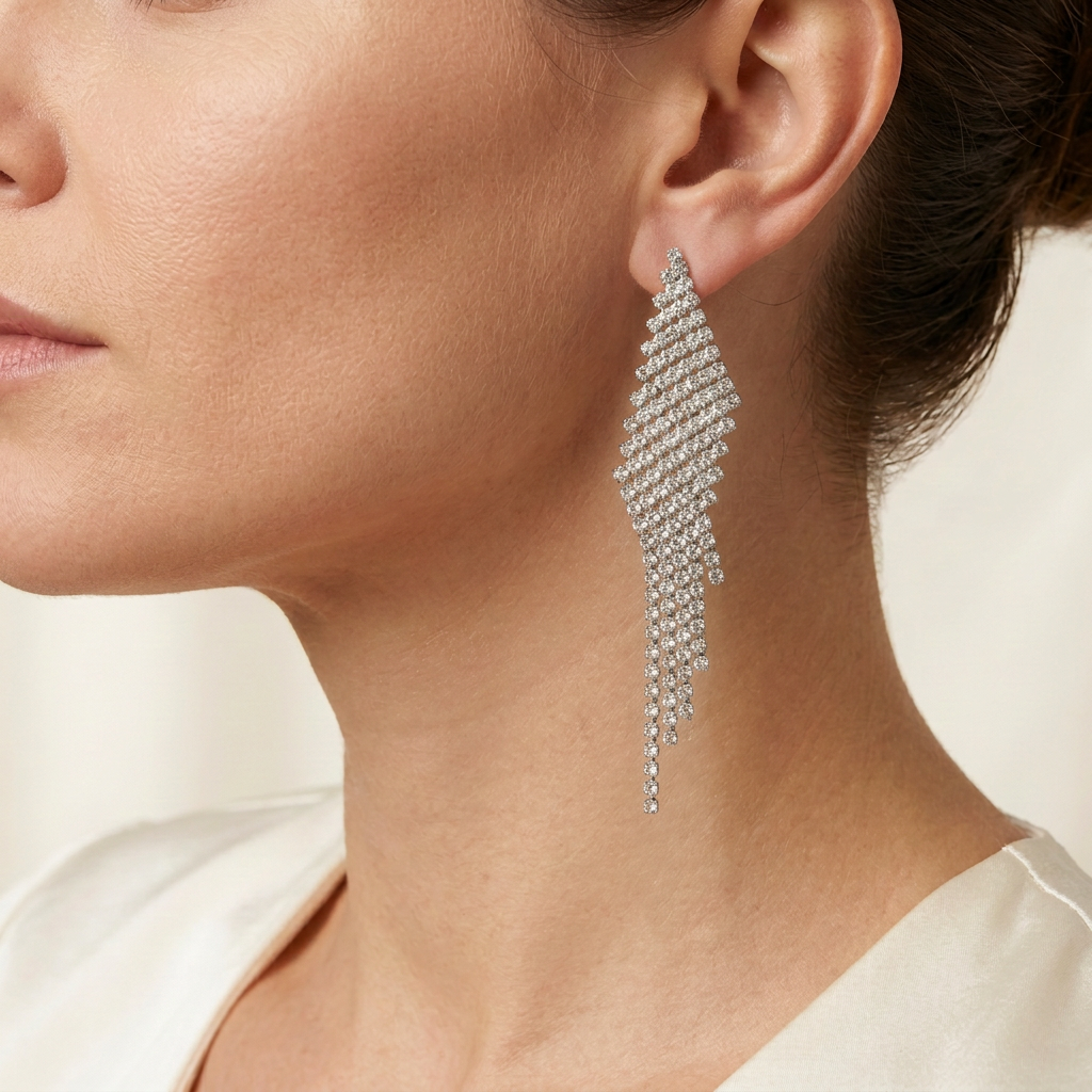 Model wearing silver-tone Celeste Cascade cascading statement earrings